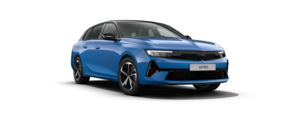 Ein blaues Auto, Modell Astra, aus seitlicher Perspektive. Das Auto hat ein modernes Design mit markanten Scheinwerfern und einem schwarzen Kühlergrill.