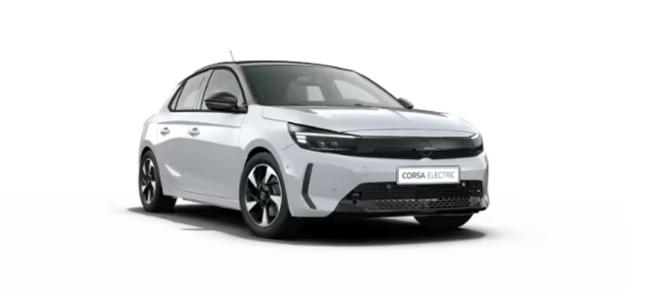 Weißes Elektroauto mit fünf Türen in der Seitenansicht. Auf dem Nummernschild steht Corsa Electric.